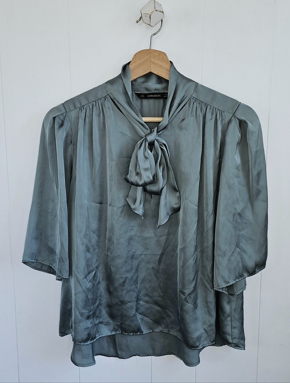 ZARA Sage Green Satin Tie-Neck Blouse